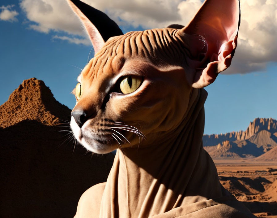 Digitally altered Sphynx cat with human-like face in desert landscape