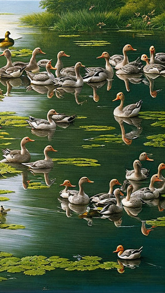 Ducks Floating on Green Pond with Lily Pads