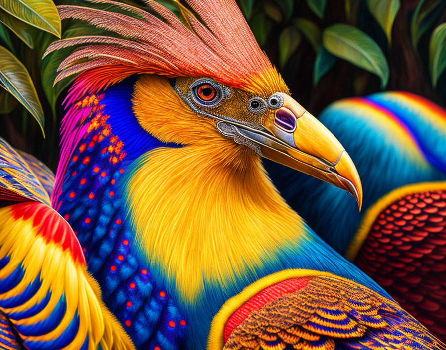 Colorful Stylized Bird Artwork with Blue, Yellow, and Orange Feathers