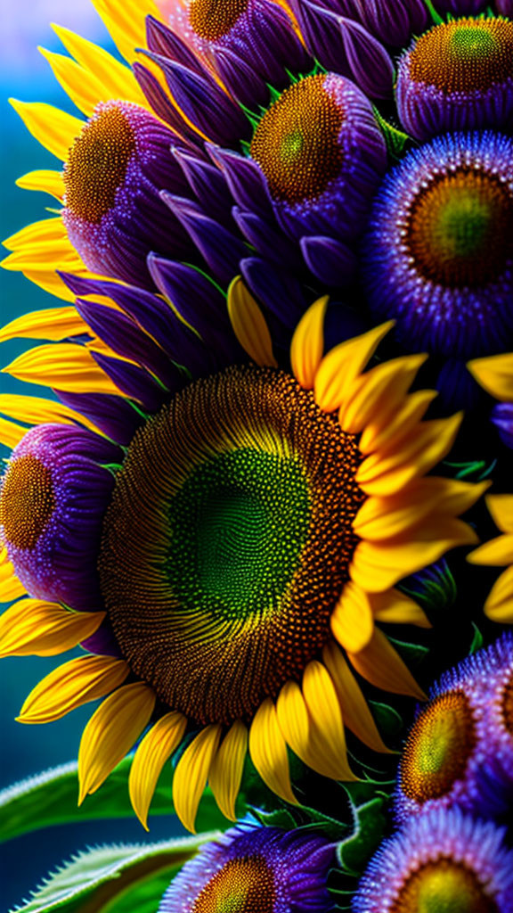 Colorful sunflowers on blue and green gradient background