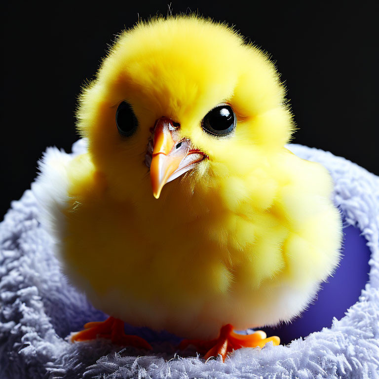 Fluffy yellow chick with orange beak and feet on dark background