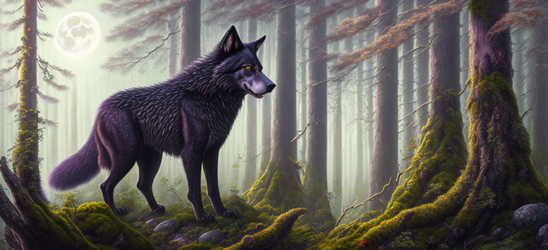 Mystical forest scene with wolf, fog, moss, and full moon