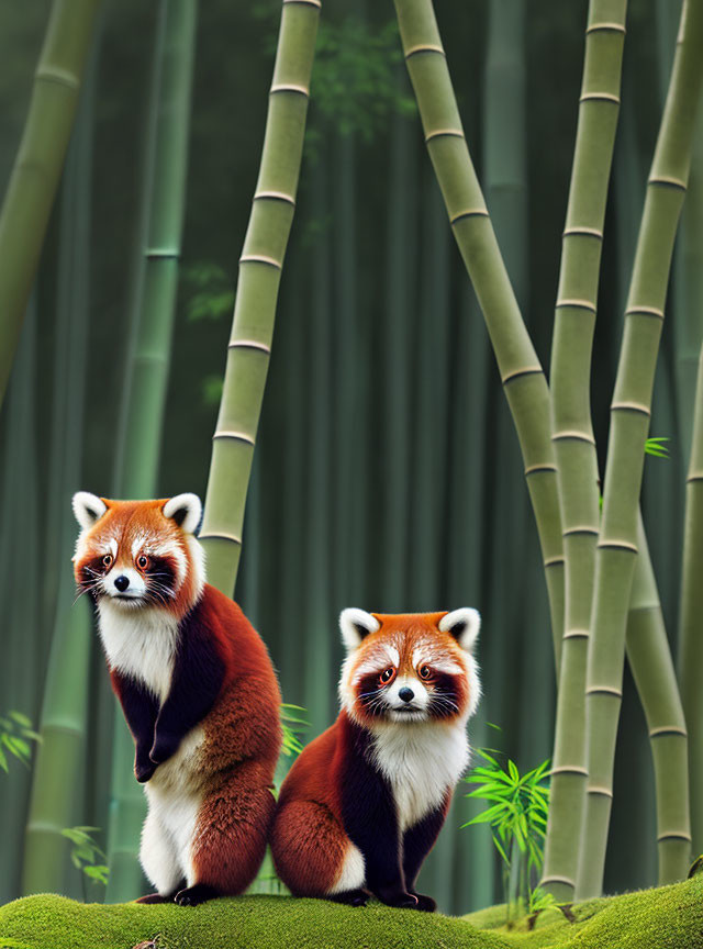 Red pandas in bamboo forest setting.