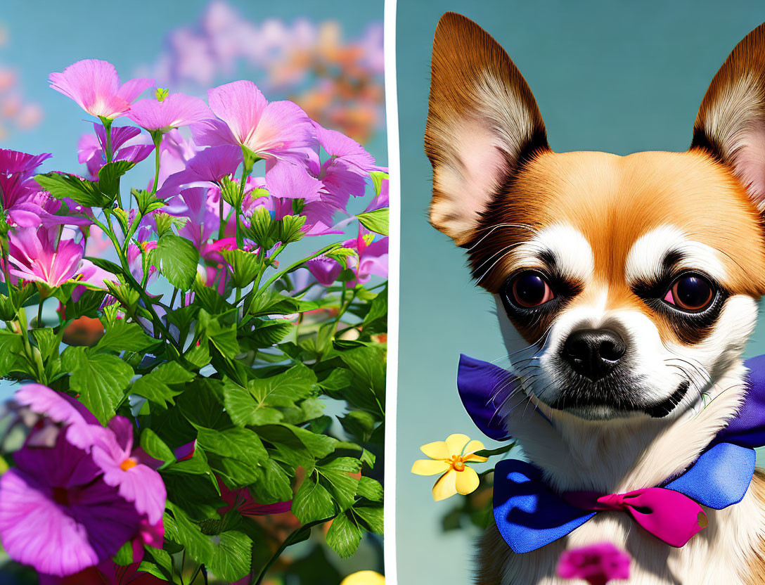 Vibrant pink flowers and cute dog with bow tie under blue sky