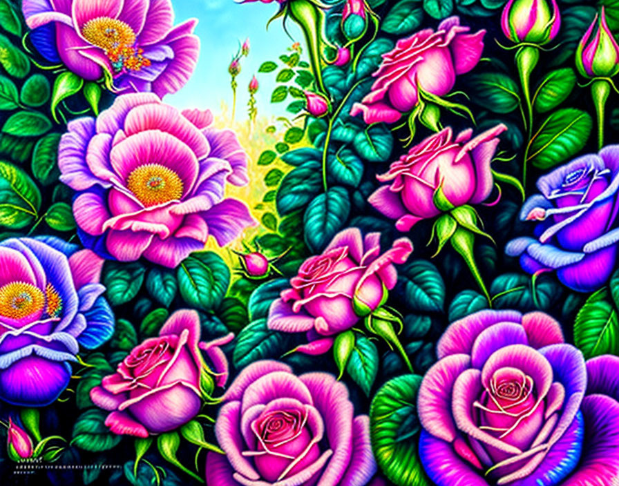 Colorful Painting of Roses, Flowers, and Foliage in Pink, Purple, and Blue