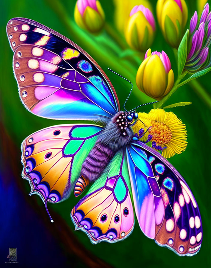 Colorful Butterfly on Yellow Flower with Purple Buds