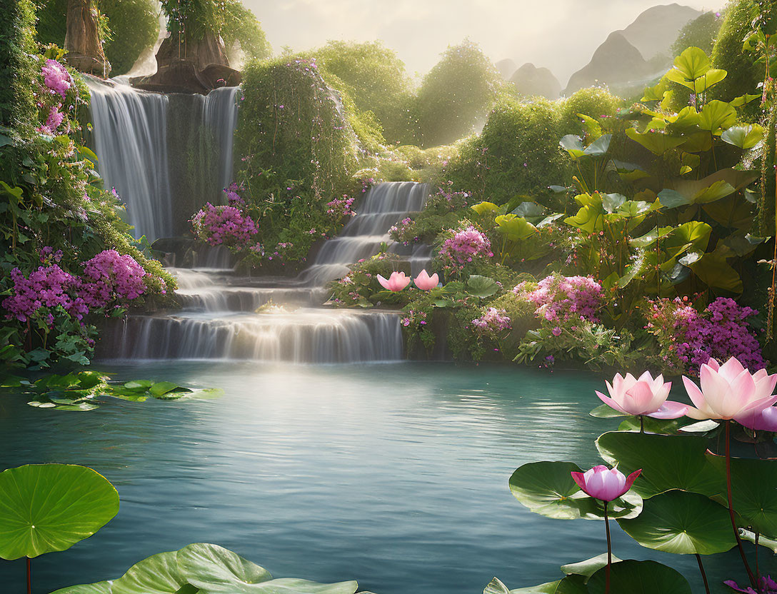 Tranquil waterfall surrounded by greenery and vibrant flowers