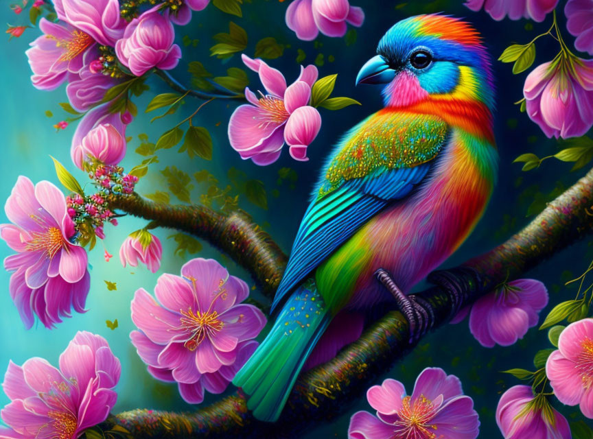 Colorful Bird Perched on Branch with Pink Blossoms and Teal Background