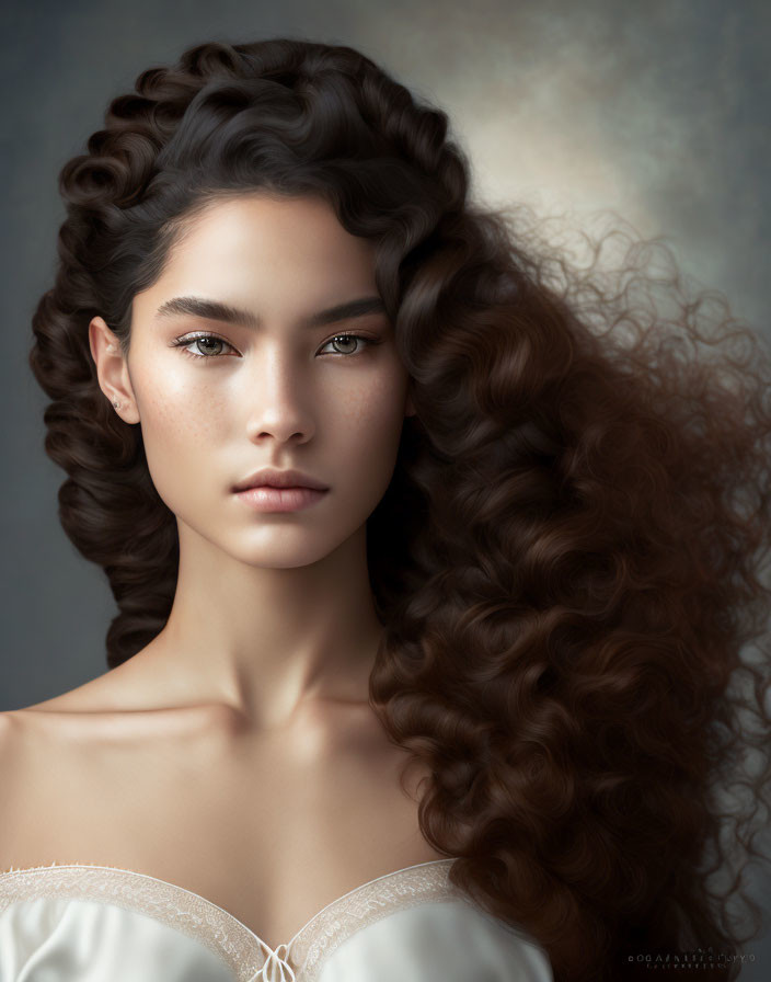 Woman with Voluminous Curly Hair in Off-Shoulder Dress