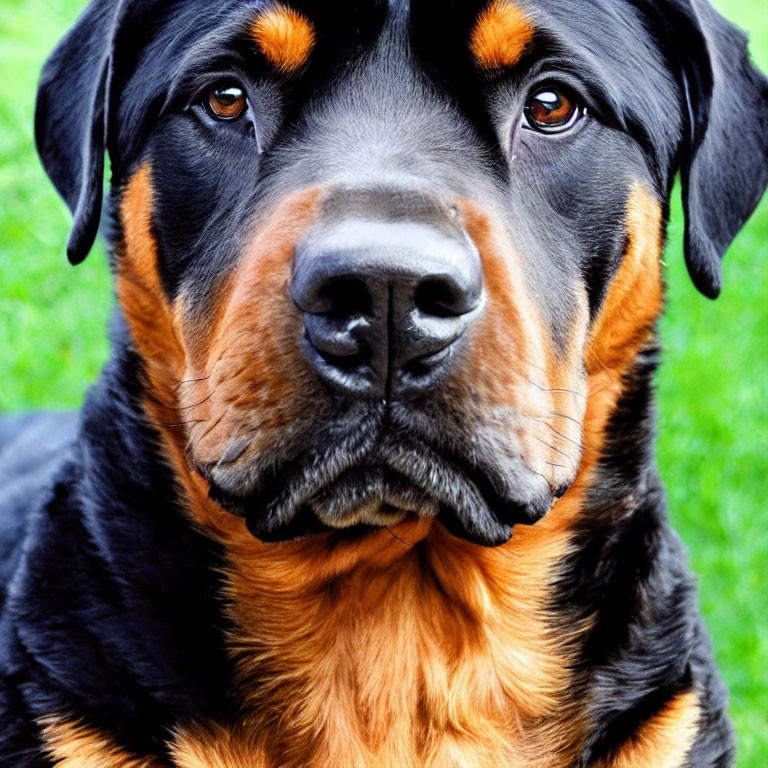 Close-Up of Glossy Black and Tan Rottweiler Dog on Green Grass