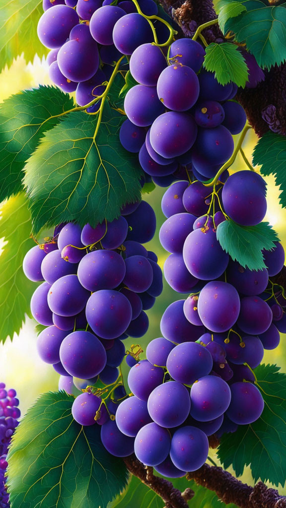 Ripe purple grapes on vine with green leaves in blurred background