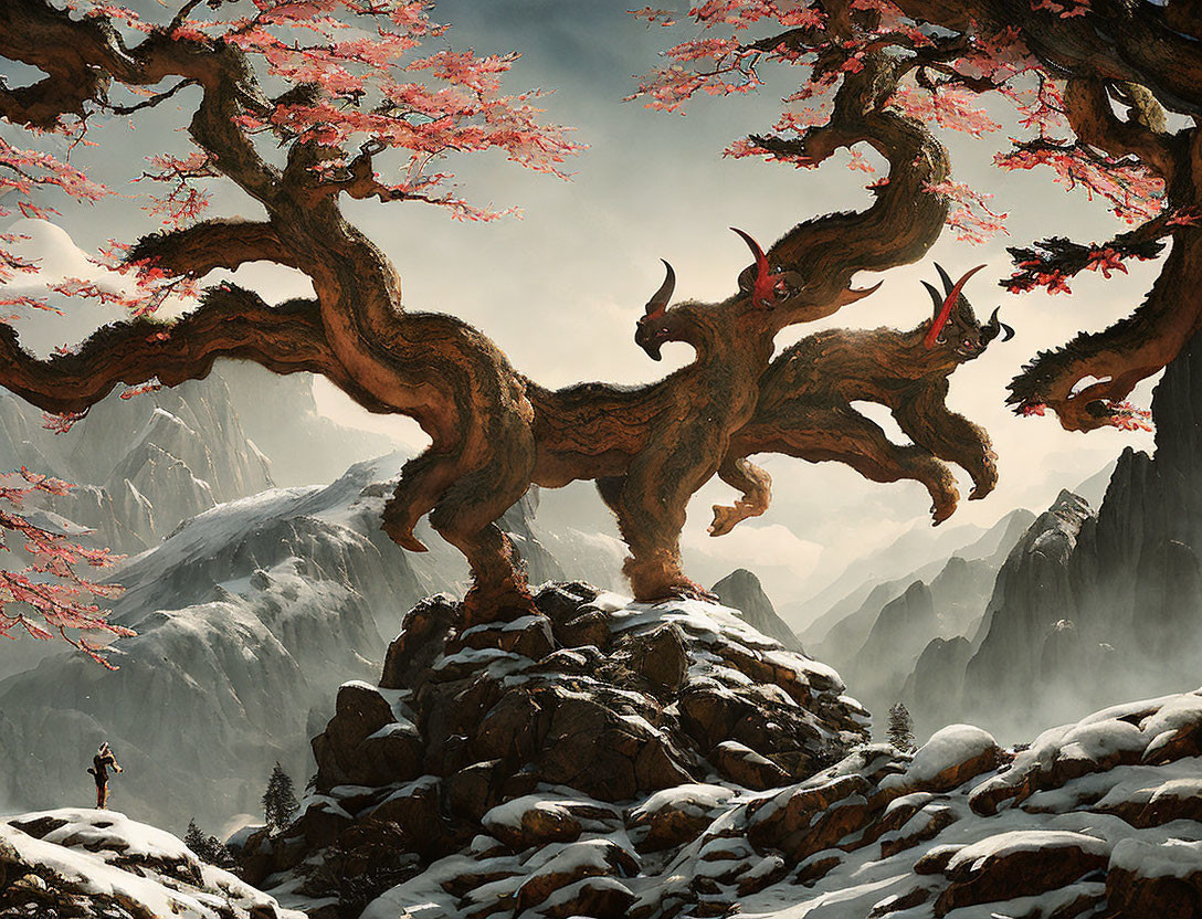 Traveler under red-leaved tree against snowy mountains