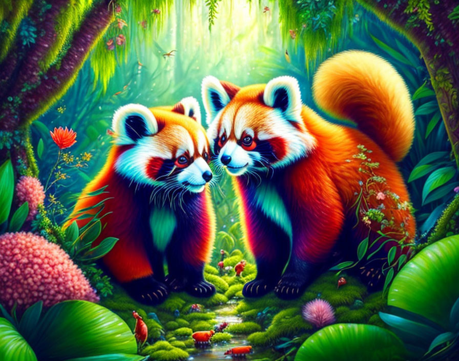 Colorful Artwork: Two Red Pandas in Fantasy Forest