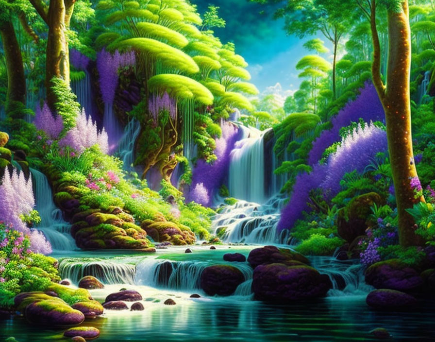 Fantasy landscape with greenery, waterfalls, purple flowers, and serene river