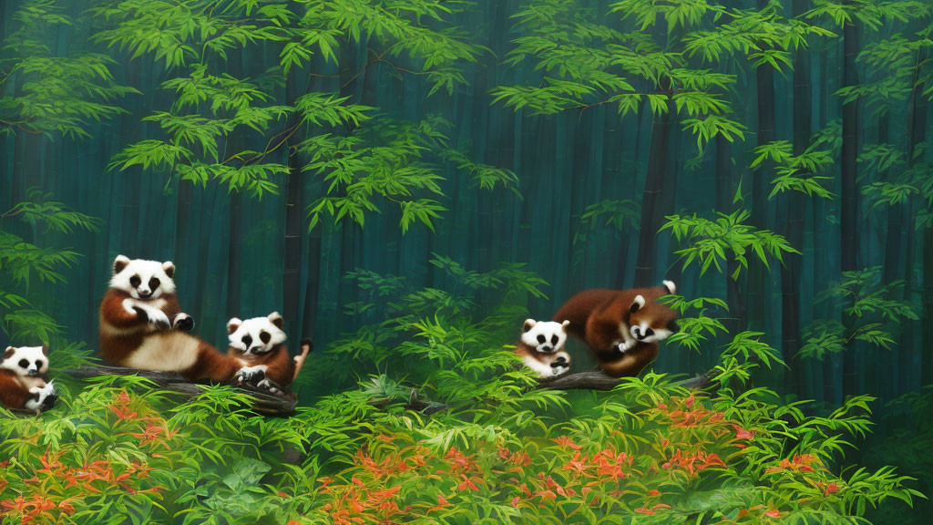 Red pandas in lush bamboo forest with orange flowers