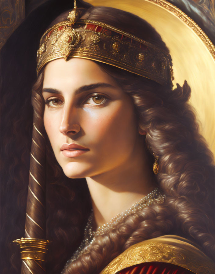 Regal portrait of woman with long wavy hair and golden crown