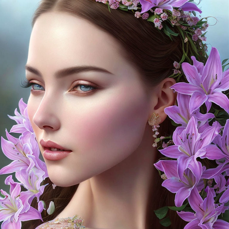 Detailed close-up: woman with floral crown and pink lilies, exuding serene beauty