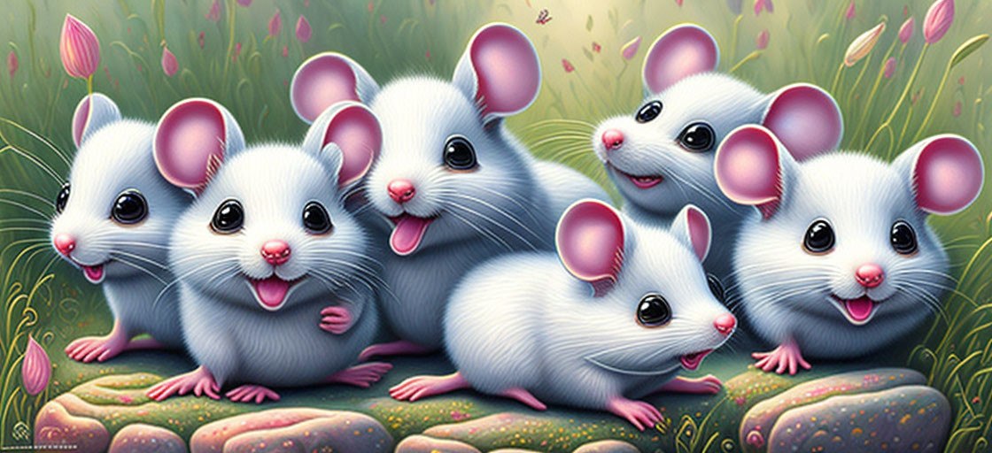 Seven cute cartoon mice with big ears in a floral setting