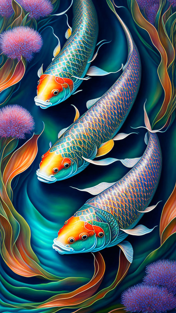 Colorful Koi Fish Swimming in Swirling Water with Blue and Purple Vegetation