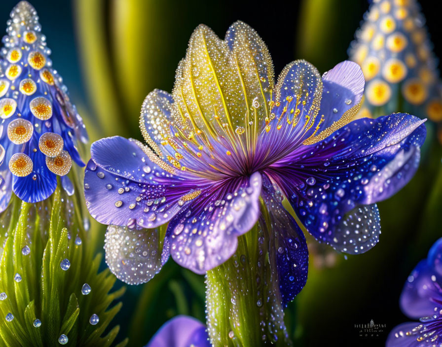 Vibrant Purple Flower with Radial Stamens and Dewdrops in Green Bud Surroundings