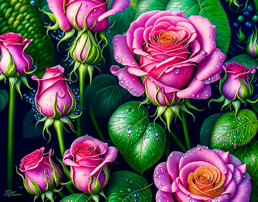 Digital artwork: Blooming roses with water droplets on dark background