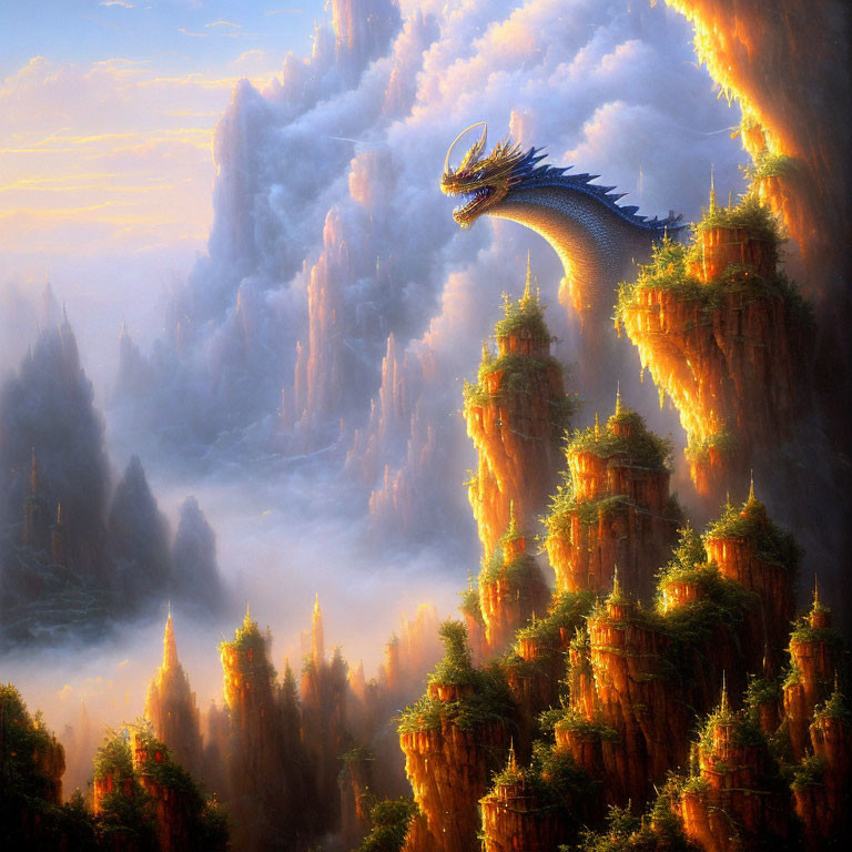 Majestic dragon on misty cliffs with lush greenery under warm light