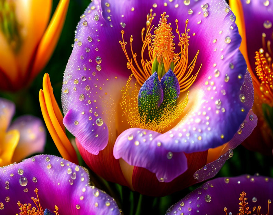 Close-up of Vibrant Purple and Yellow Flower with Water Droplets