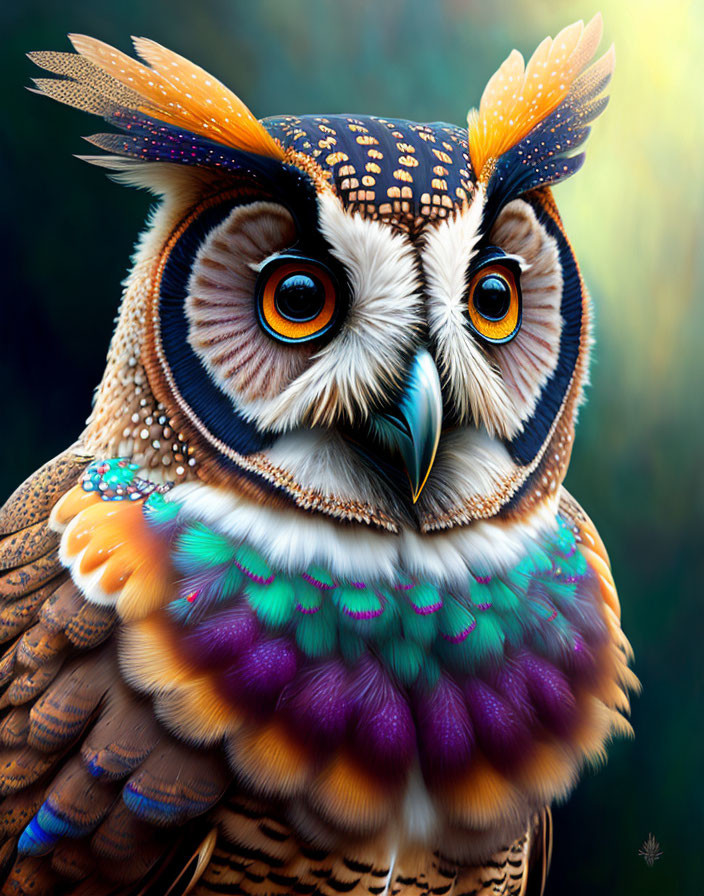 Colorful Owl Illustration with Vibrant Feathers and Orange Eyes