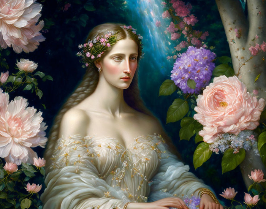 Classical-style painting of serene woman with floral adornments among lush blooms