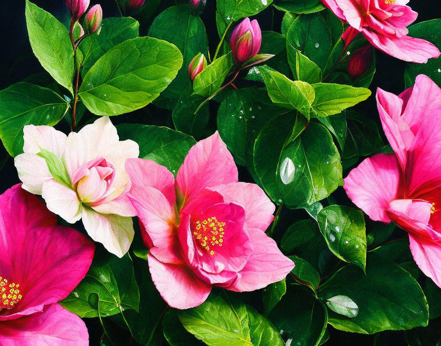 Pink and White Hibiscus Flowers in Various Stages of Bloom