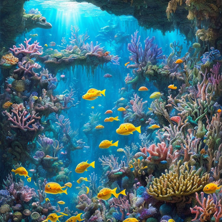 Colorful Underwater Scene with Vibrant Coral Reefs and Yellow Fish