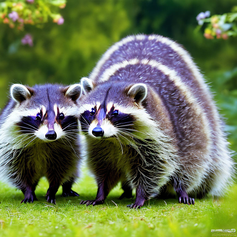 Two raccoons on grass with lush green backdrop.