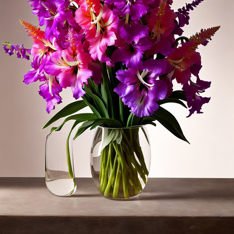 Pink and Purple Flowers in Clear Glass Vase on Stone Surface