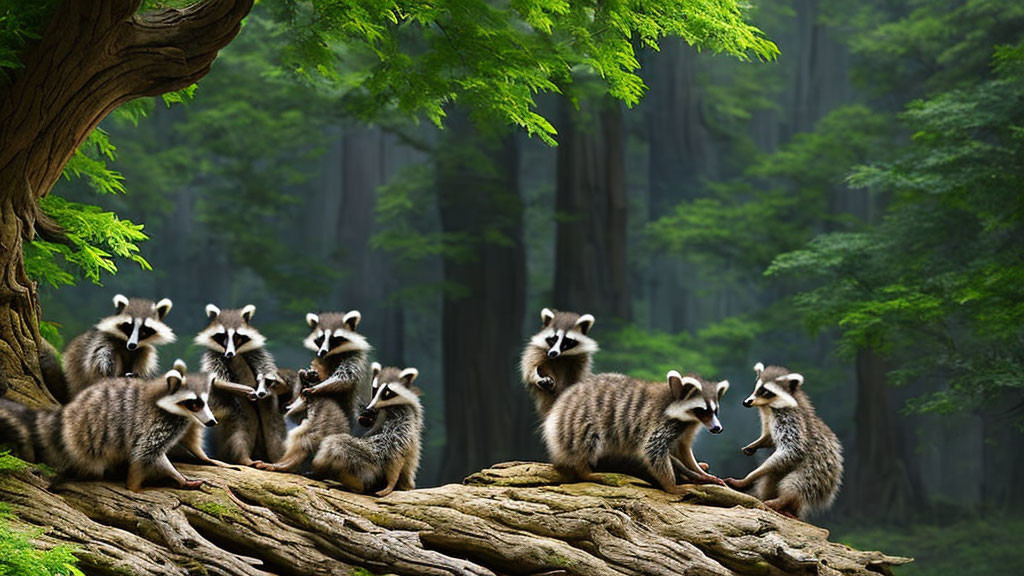 Group of raccoons on fallen tree in lush forest