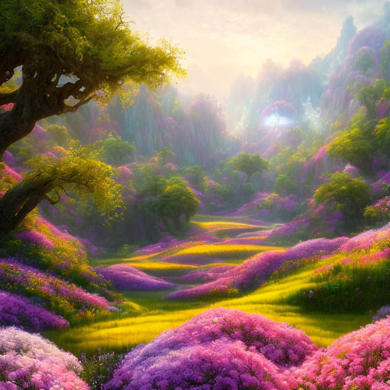 Colorful landscape with flowers, trees, and soft sunlight glow