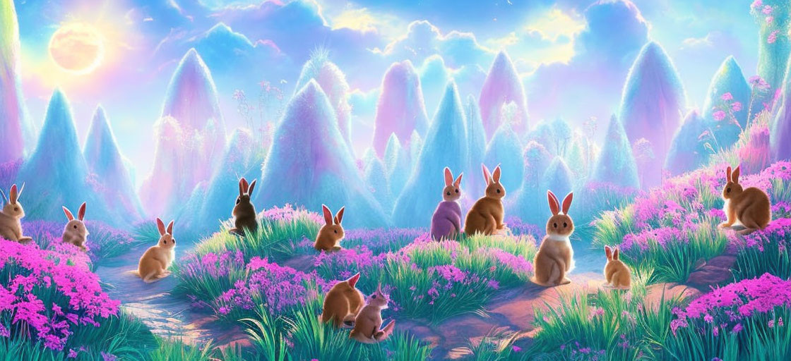 Fantasy landscape at sunrise with rabbits, pink flowers, purple hills, and radiant sky