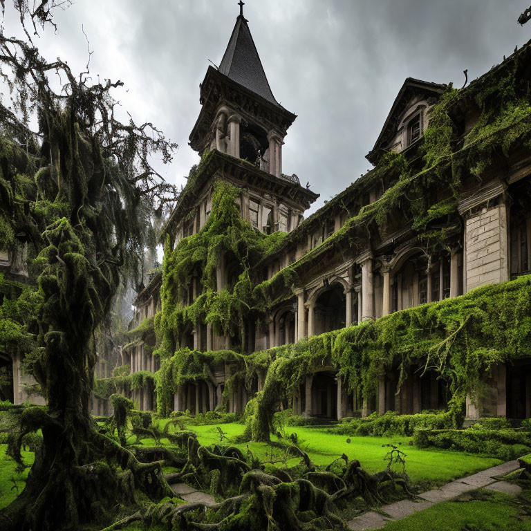 Moss-Covered Gothic Building with Creeping Vines and Twisted Trees