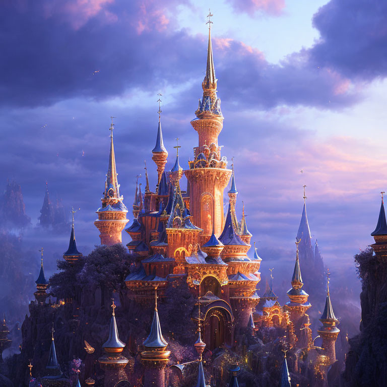 Enchanting castle with golden spires in purple twilight sky