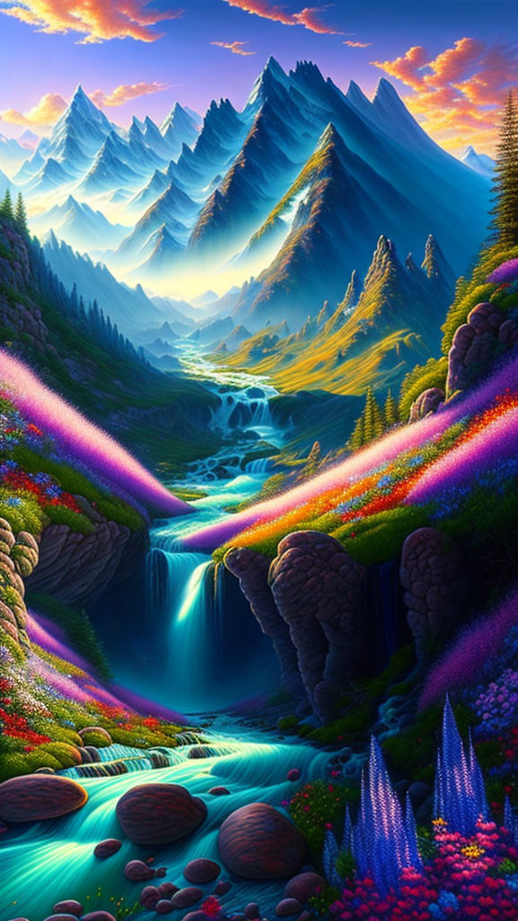 Colorful Flora and Snow-Capped Mountains in Fantasy Landscape