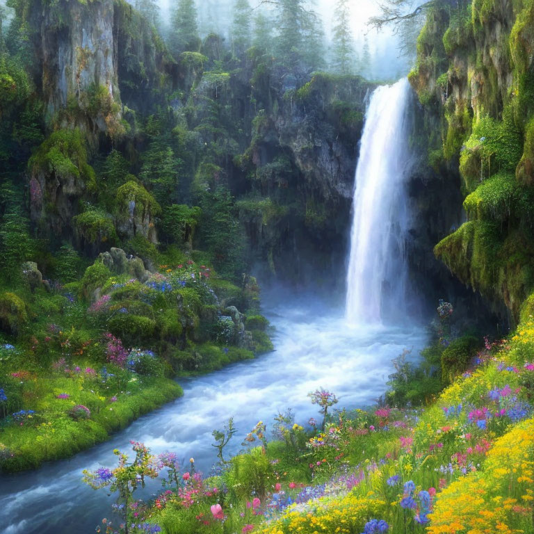 Tranquil Waterfall Surrounded by Greenery and Wildflowers