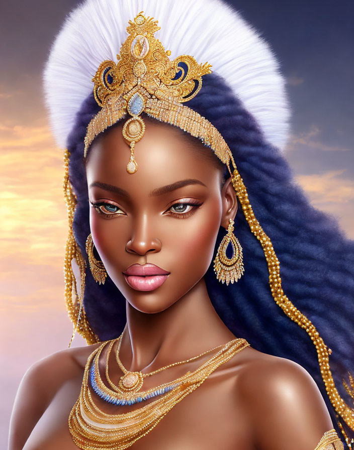 Digital artwork featuring woman with gold jewelry, fur headdress, blue gem, and dark blue hair