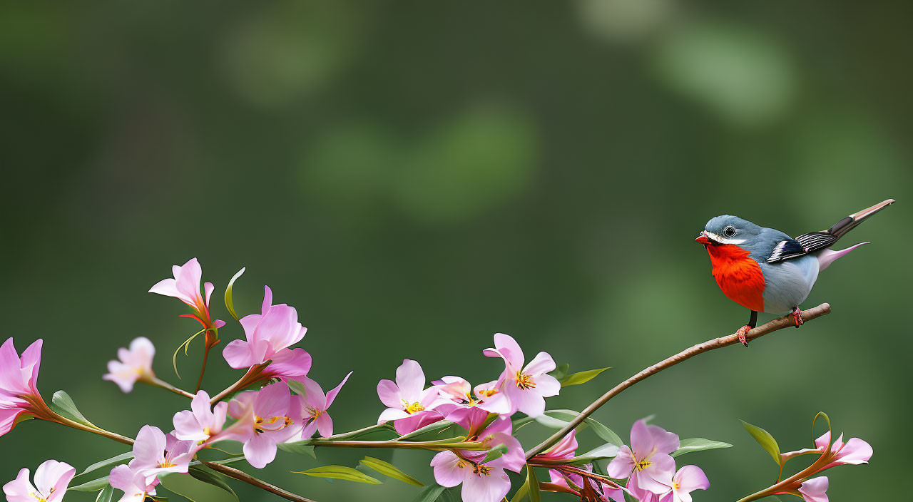 Colorful Bird Among Pink Blossoms on Twig with Green Background