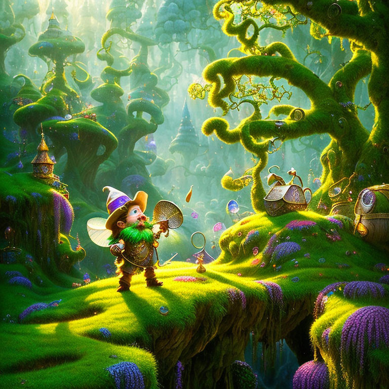 Fantastical forest scene with gnome, vibrant greenery, mushrooms, creatures, bubbles, and sunlight