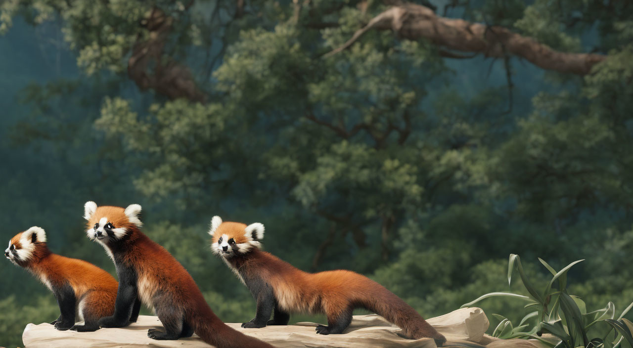 Three Red Pandas on Rocky Ledge with Green Forest Background