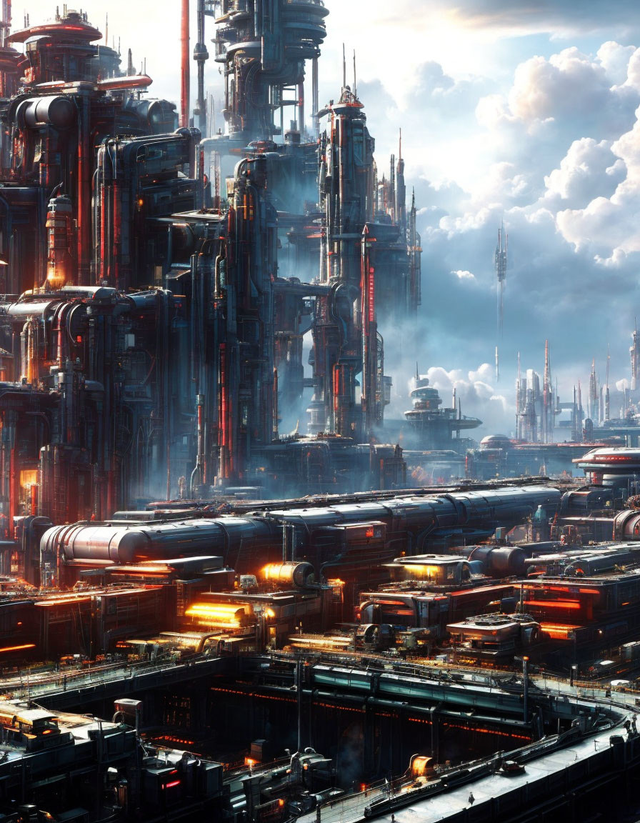 Futuristic cityscape with towering skyscrapers and industrial structures