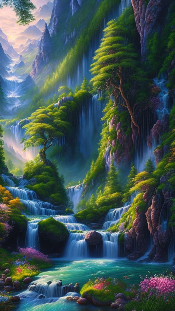 Tranquil fantasy landscape with waterfalls, greenery, pools & flowers