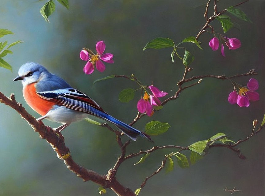 Blue jay on branch with pink flowers and green leaves in soft background