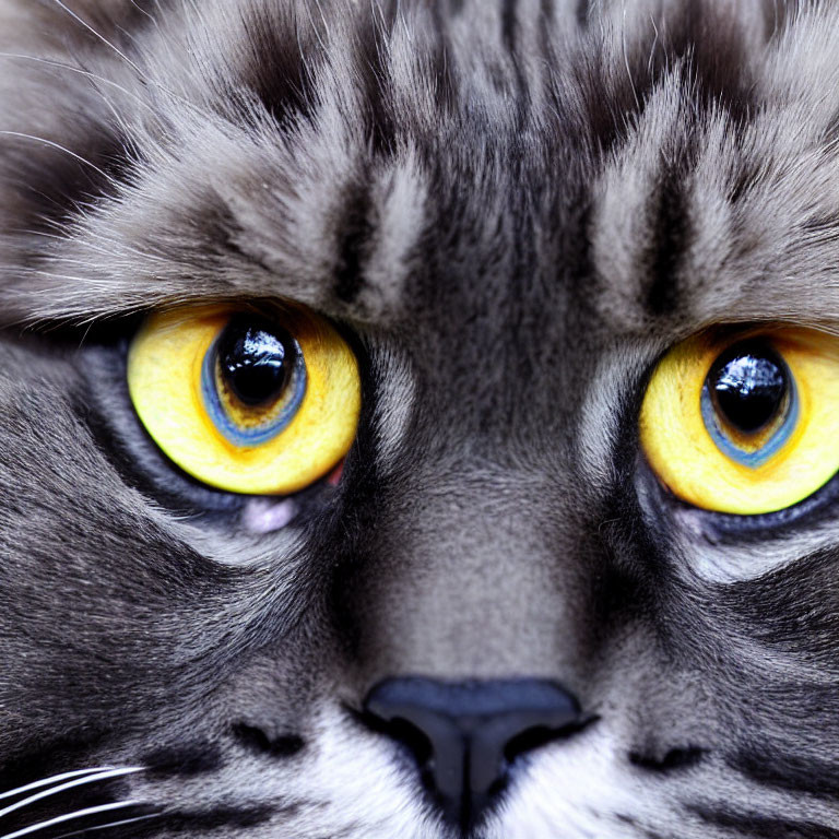 Striking yellow eyes and grey striped fur on cat's face