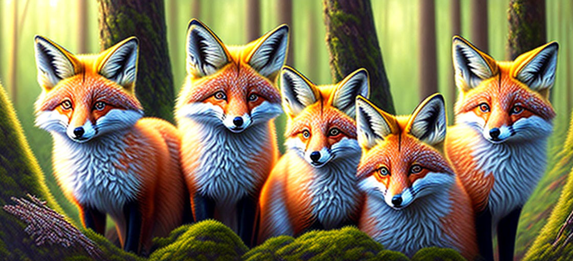 Five Foxes with Vibrant Orange Fur in Forest Setting