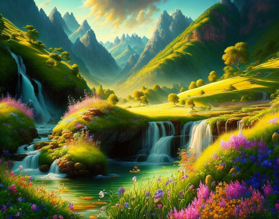 Fantasy landscape with waterfalls, greenery, flowers, river, and mountains